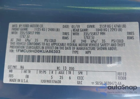 2019 Ford Escape Sel z USA, uszkodzony, nr VIN 1FMCU9HD0KUA86303